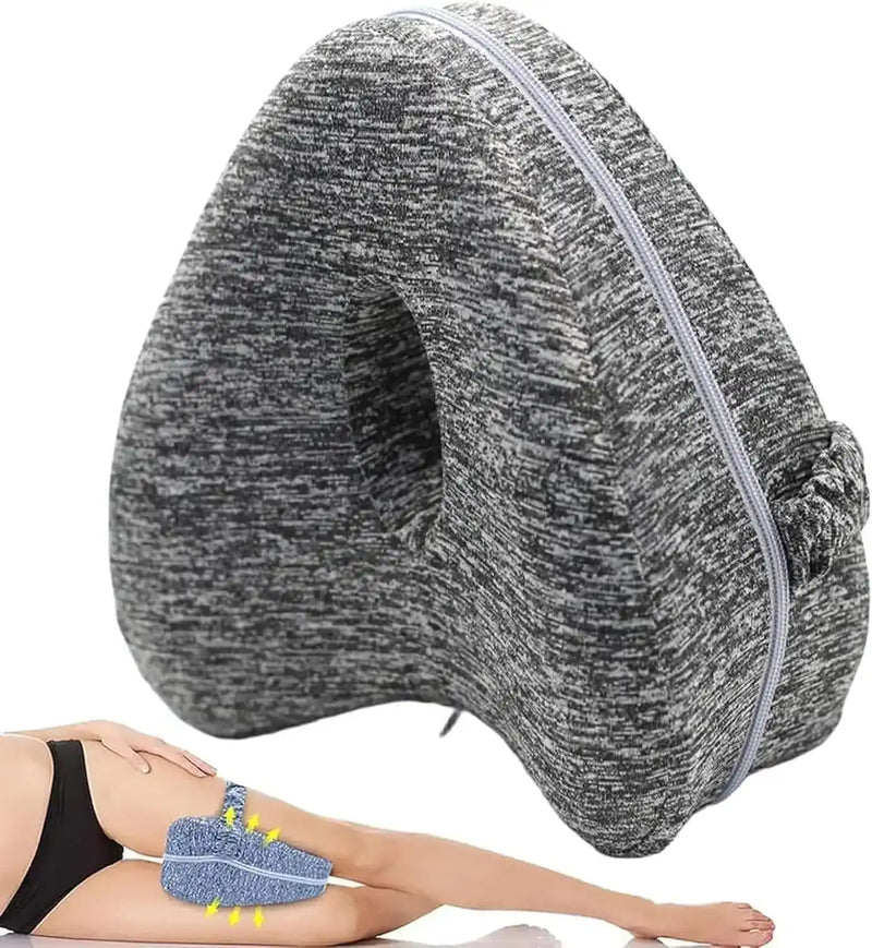 Gray Memory Foam Knee Pillow with breathable cover; used for side sleeping to improve hip alignment and reduce pressure.