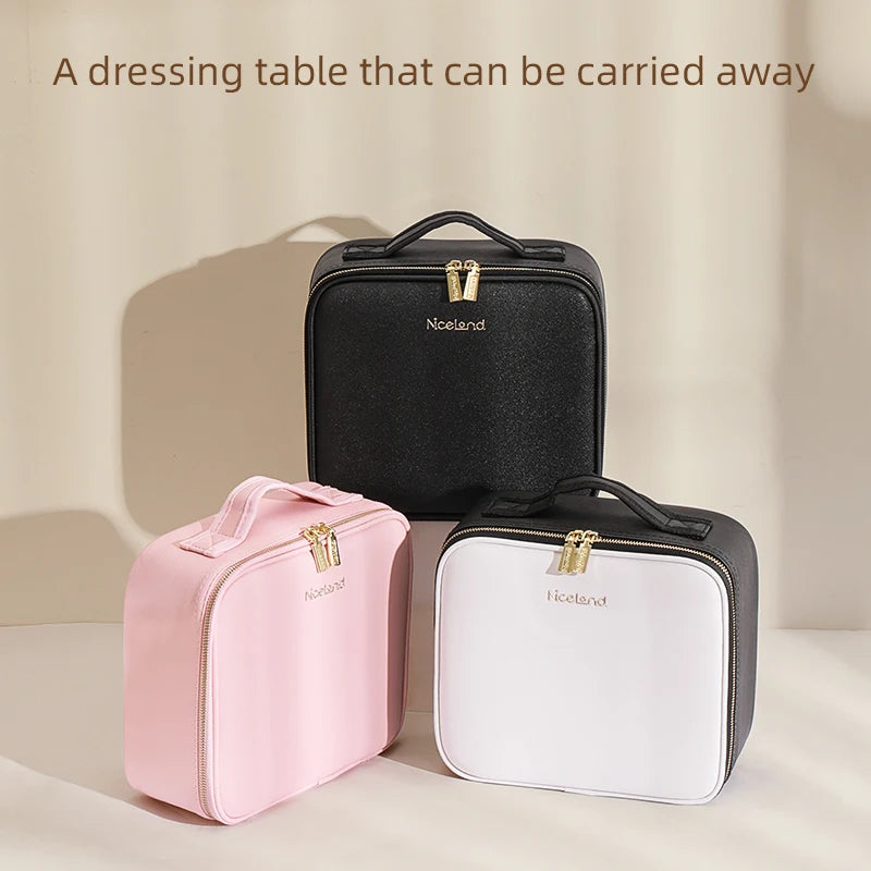 Makeup Travel Train Case with LED Lighted Mirror, 3 Color Adjust Settings, Travel Makeup Bag With Adjustable Dividers, - PrimeandBeauty