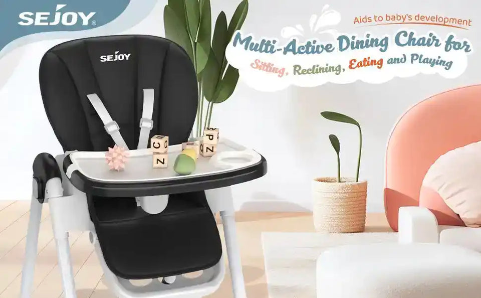 Sejoy Adjustable Baby High Chair with 5-Point Harness 3-Tier Tray & Wheels CE/CPC Certified Children's Dining Chair - PrimeandBeauty