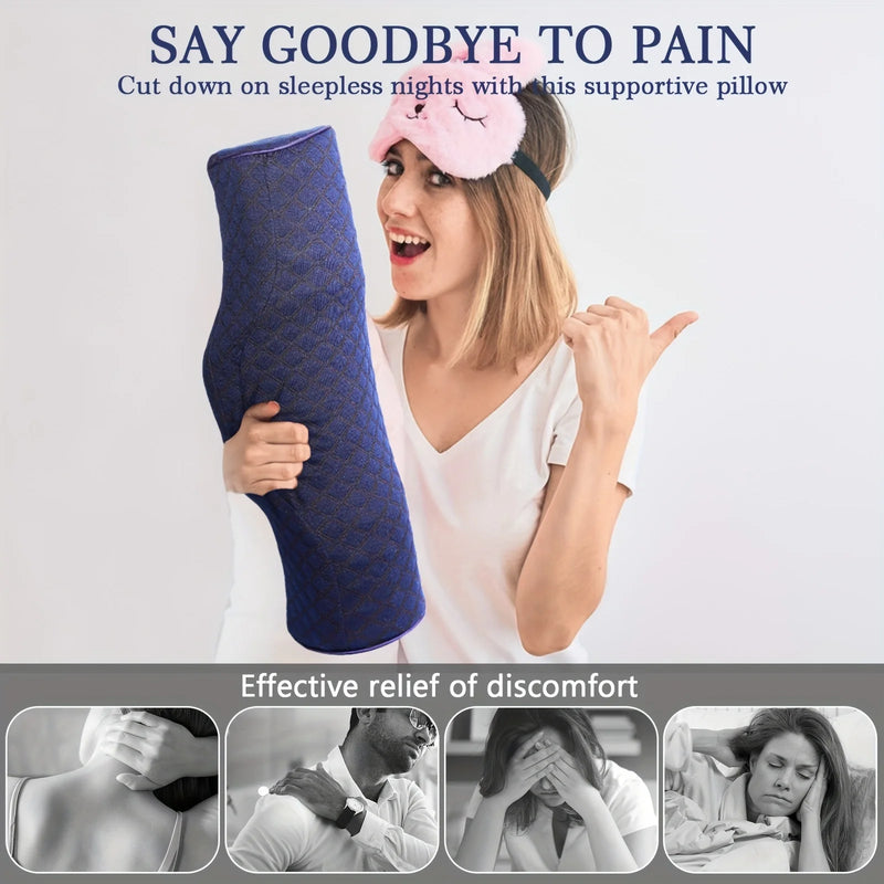 Woman holding orthopedic neck pillow for pain relief, highlighting its effectiveness in reducing neck and shoulder discomfort.