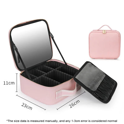 New LED Lighted Cosmetic Case With Mirror PU Leather Portable Travel Makeup Storage Bags Waterproof Travel Makeup Bag - PrimeandBeauty