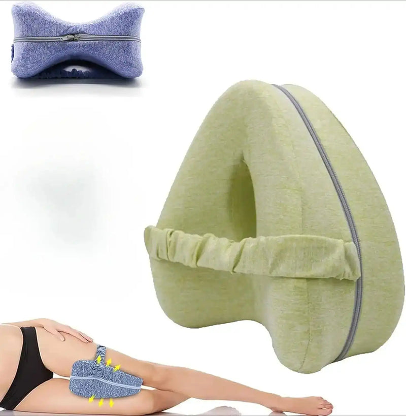 Light green Revoget Neck Pain Pillow with ergonomic shape and strap, offering spine and hip alignment for comfortable side sleeping.