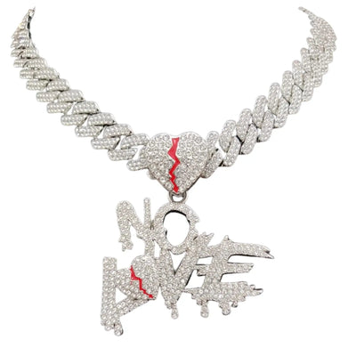 Hip Hop Iced Out Bling Crystal Cuban Chains NO LOVE Necklace Pendants For Men and Women Heart Broke Statement Necklaces Jewelry - PrimeandBeauty