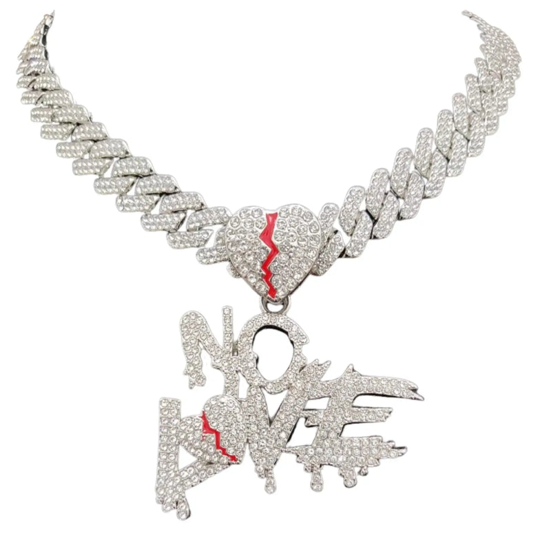 Hip Hop Iced Out Bling Crystal Cuban Chains NO LOVE Necklace Pendants For Men and Women Heart Broke Statement Necklaces Jewelry - PrimeandBeauty