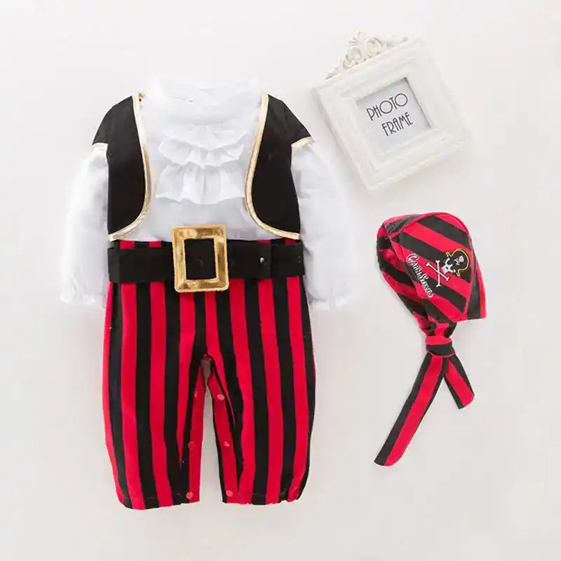 Baby Boys Girls Captain Pirate Costume Infant Toddler Romper Jumpsuit Umorden Halloween Purim Party Fancy Dress Red Stripe - PrimeandBeauty