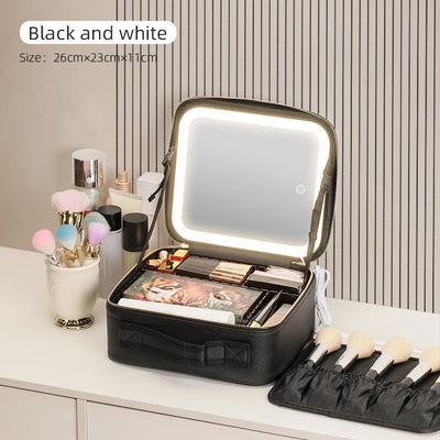 Makeup Travel Train Case with LED Lighted Mirror, 3 Color Adjust Settings, Travel Makeup Bag With Adjustable Dividers, - PrimeandBeauty