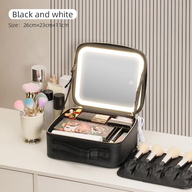 Makeup Travel Train Case with LED Lighted Mirror, 3 Color Adjust Settings, Travel Makeup Bag With Adjustable Dividers, - PrimeandBeauty