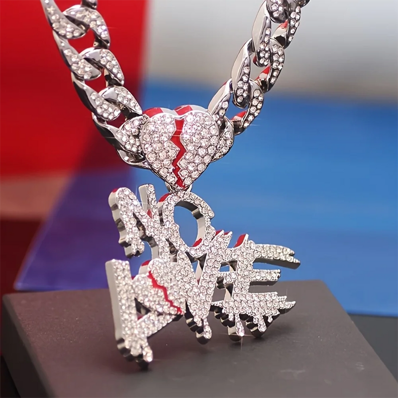 Hip Hop Iced Out Bling Crystal Cuban Chains NO LOVE Necklace Pendants For Men and Women Heart Broke Statement Necklaces Jewelry - PrimeandBeauty