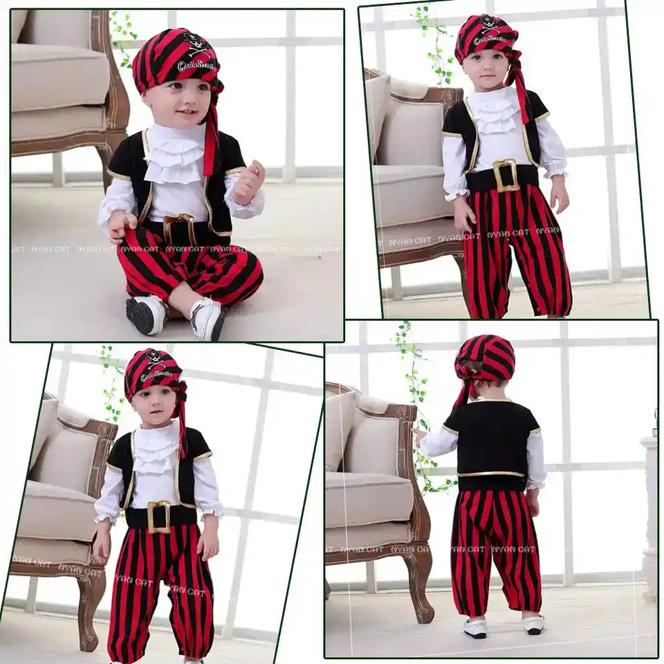 Baby Boys Girls Captain Pirate Costume Infant Toddler Romper Jumpsuit Umorden Halloween Purim Party Fancy Dress Red Stripe - PrimeandBeauty
