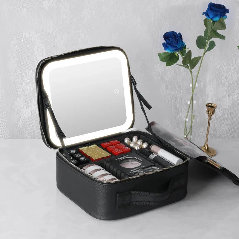 New LED Lighted Cosmetic Case with Mirror Waterproof PU Leather Portable Travel Makeup Storage Bags - PrimeandBeauty