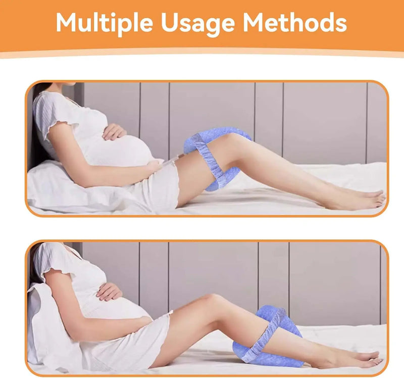 Maternity knee pillow for pregnant women shown in multiple usage positions for improved sleep posture and comfort.