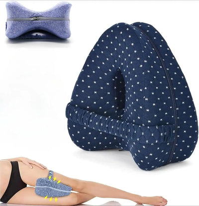 Patterned navy Revoget Neck Pain Pillow with elastic strap and memory foam, aligning hips and spine for side sleepers' comfort.