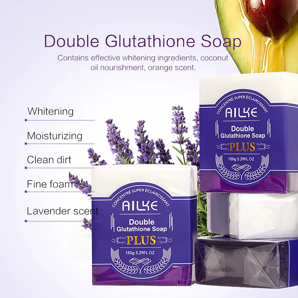 AILKE Double Glutathione PLUS Whitening Soap Bar, Reduce Dark Spots, Deep Clean Skin, Natural Lavender Scented for Face & Body - PrimeandBeauty