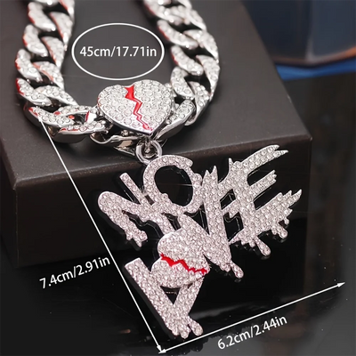 Hip Hop Iced Out Bling Crystal Cuban Chains NO LOVE Necklace Pendants For Men and Women Heart Broke Statement Necklaces Jewelry - PrimeandBeauty