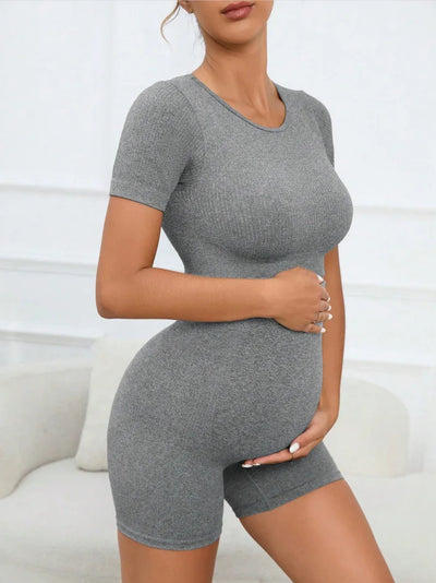 Women's Maternity 2 Piece Seamless Short Sleeve Crop Top Legging Sets Workout Casual - PrimeandBeauty