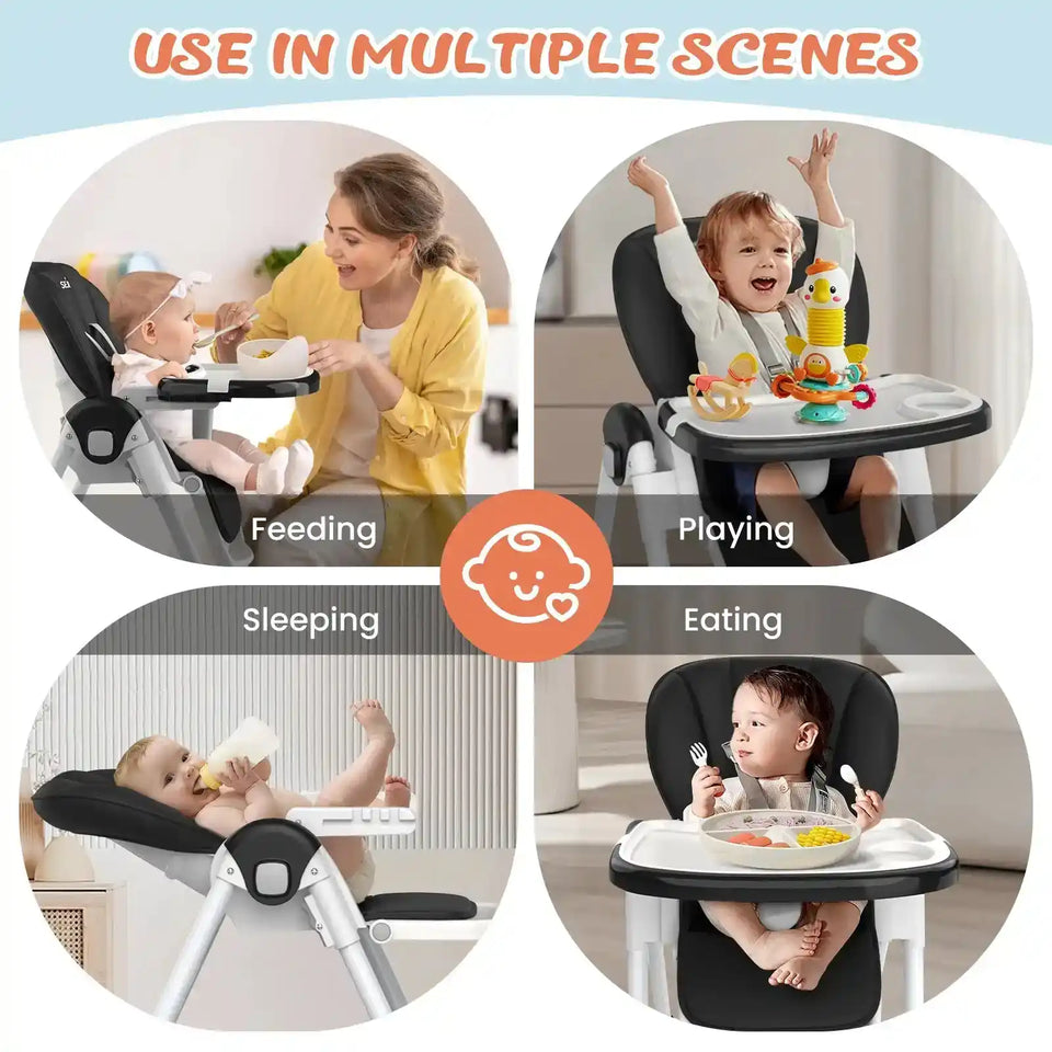 Sejoy Adjustable Baby High Chair with 5-Point Harness 3-Tier Tray & Wheels CE/CPC Certified Children's Dining Chair - PrimeandBeauty