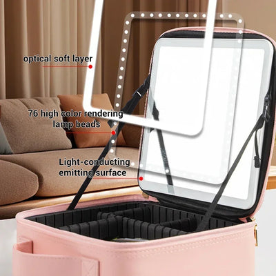 New LED Lighted Cosmetic Case With Mirror PU Leather Portable Travel Makeup Storage Bags Waterproof Travel Makeup Bag - PrimeandBeauty