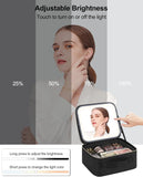 Makeup Organizer with Mirror Light 3 Adjustable Brightness Travel Train Case Cosmetic Bag Portable Storage Partition Waterproof - PrimeandBeauty