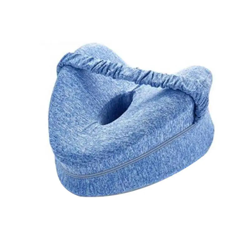 Blue memory foam knee pillow with ergonomic design and adjustable strap for maternity and sleep comfort.