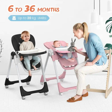 Sejoy Adjustable Baby High Chair with 5-Point Harness 3-Tier Tray & Wheels CE/CPC Certified Children's Dining Chair - PrimeandBeauty