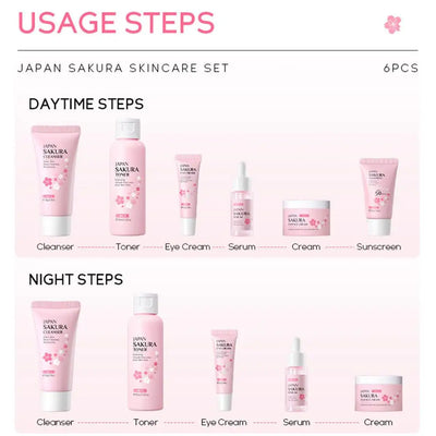 6pcs Sakura Skincare Set – Face Cream, Serum & Toner Collection