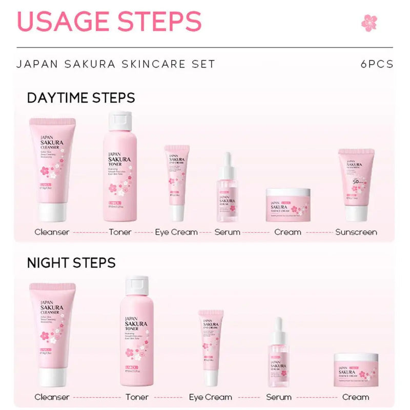 6pcs Sakura Skincare Set – Face Cream, Serum & Toner Collection