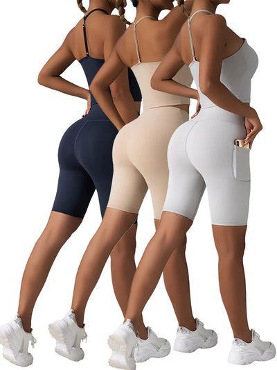 3 Pack US Local Women's High Waist Yoga Shorts Tummy Control Fitness Athletic Workout Running Shorts With Deep Pockets - PrimeandBeauty