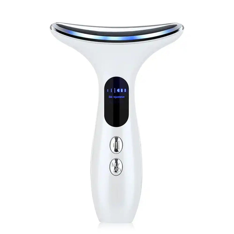 LED Microcurrent Face Massager in blue light mode with ergonomic handle and digital display for skin rejuvenation and lifting.
