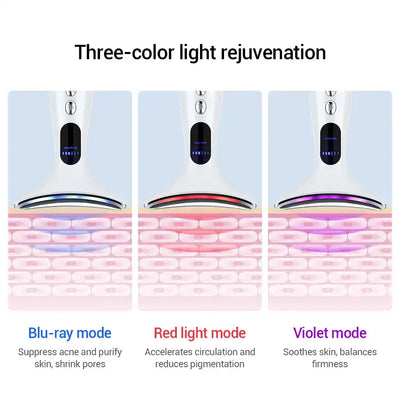Three-color LED light modes of EMS Face Massager: blue for acne, red for circulation, and violet for skin balance and firmness.