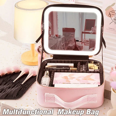 New LED Lighted Cosmetic Case With Mirror PU Leather Portable Travel Makeup Storage Bags Waterproof Travel Makeup Bag - PrimeandBeauty