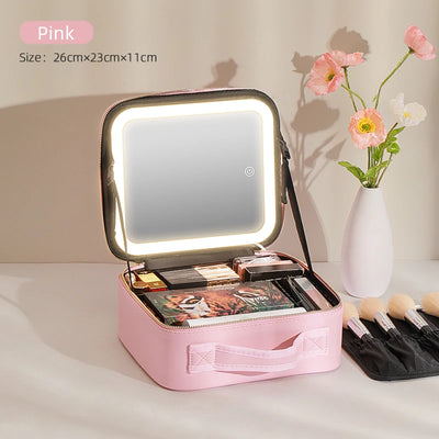 Makeup Travel Train Case with LED Lighted Mirror, 3 Color Adjust Settings, Travel Makeup Bag With Adjustable Dividers, - PrimeandBeauty
