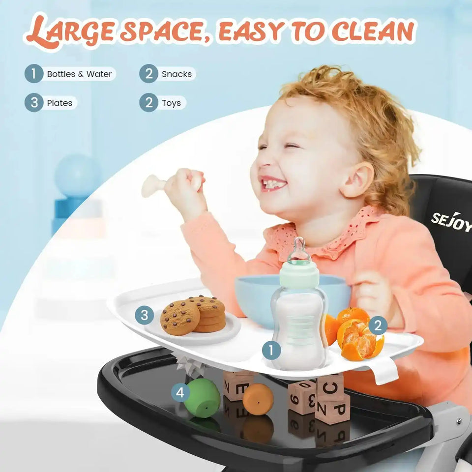 Sejoy Adjustable Baby High Chair with 5-Point Harness 3-Tier Tray & Wheels CE/CPC Certified Children's Dining Chair - PrimeandBeauty