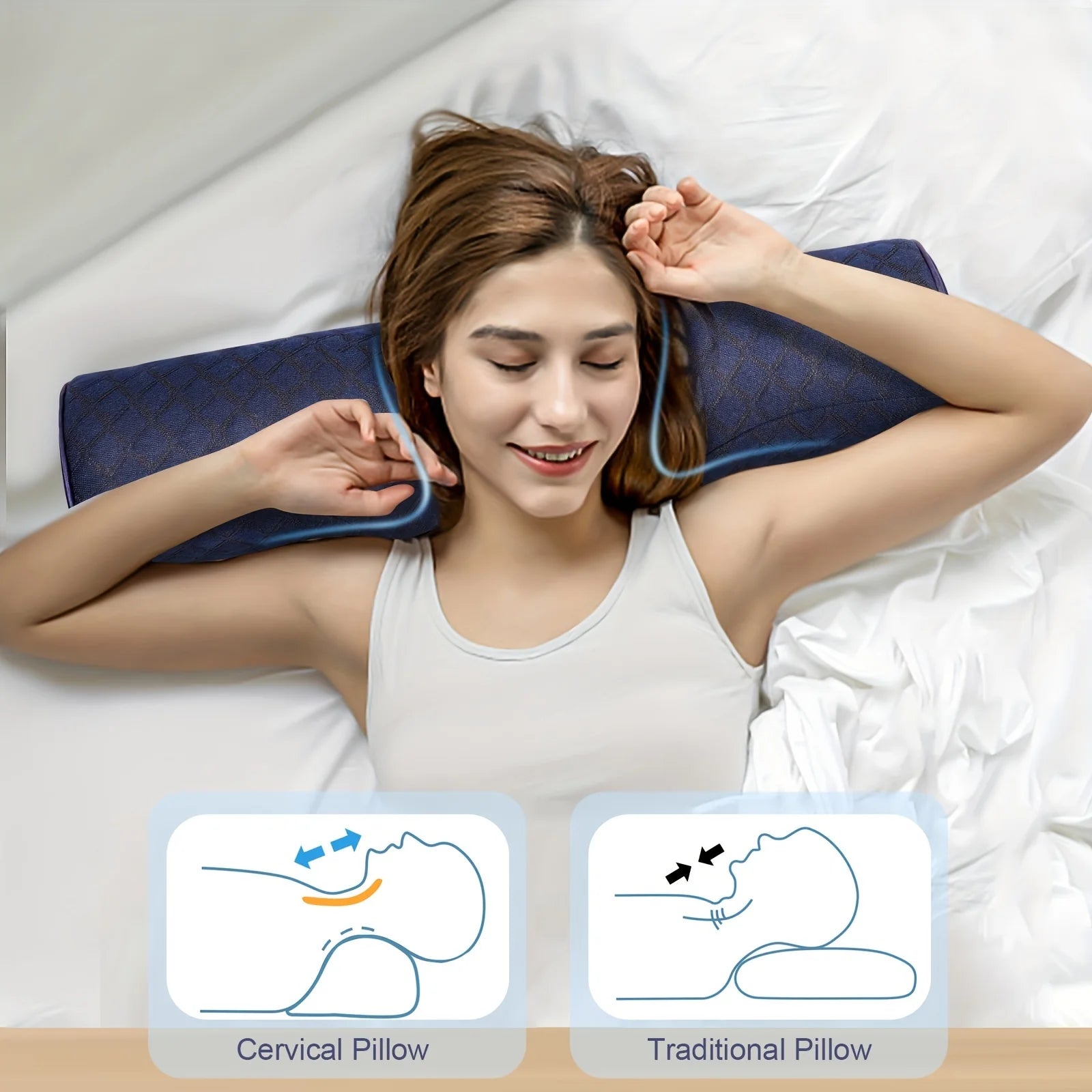 Cervical neck pillow vs traditional pillow comparison, showing improved neck alignment and support for pain relief.