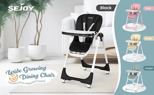 Sejoy Adjustable Baby High Chair with 5-Point Harness 3-Tier Tray & Wheels CE/CPC Certified Children's Dining Chair - PrimeandBeauty