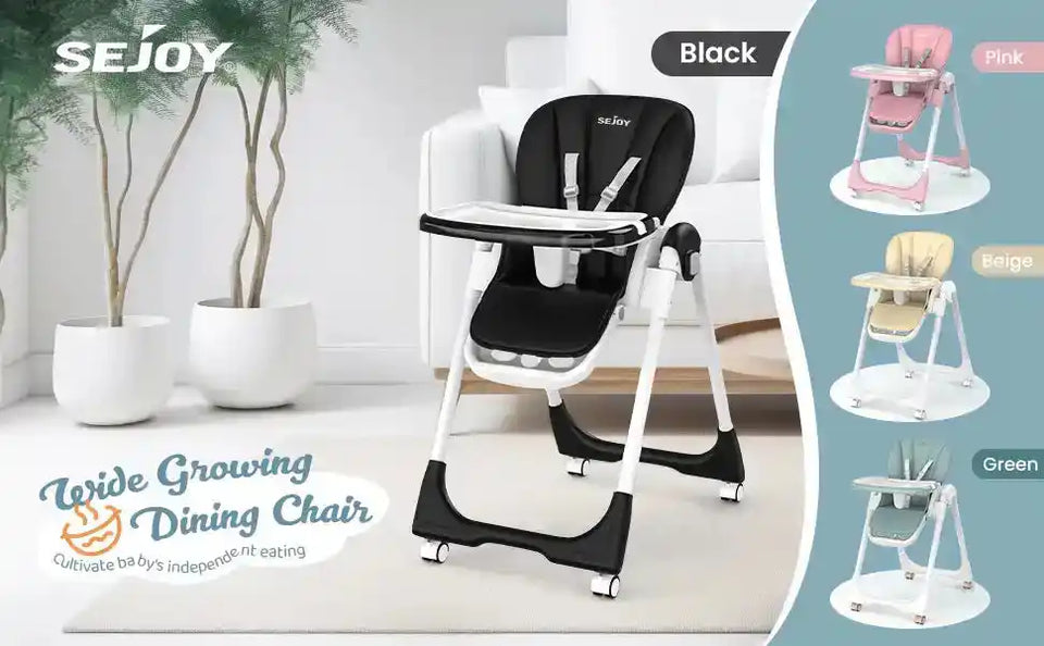 Sejoy Adjustable Baby High Chair with 5-Point Harness 3-Tier Tray & Wheels CE/CPC Certified Children's Dining Chair - PrimeandBeauty