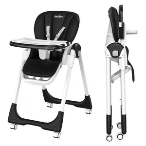 Sejoy Adjustable Baby High Chair with 5-Point Harness 3-Tier Tray & Wheels CE/CPC Certified Children's Dining Chair - PrimeandBeauty
