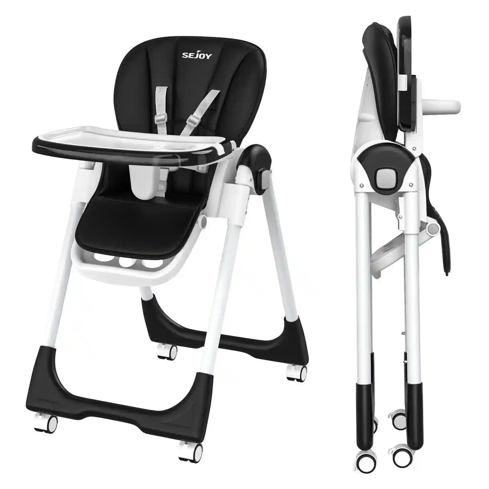 Sejoy Adjustable Baby High Chair with 5-Point Harness 3-Tier Tray & Wheels CE/CPC Certified Children's Dining Chair - PrimeandBeauty