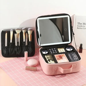 Makeup Organizer with Mirror Light 3 Adjustable Brightness Travel Train Case Cosmetic Bag Portable Storage Partition Waterproof - PrimeandBeauty