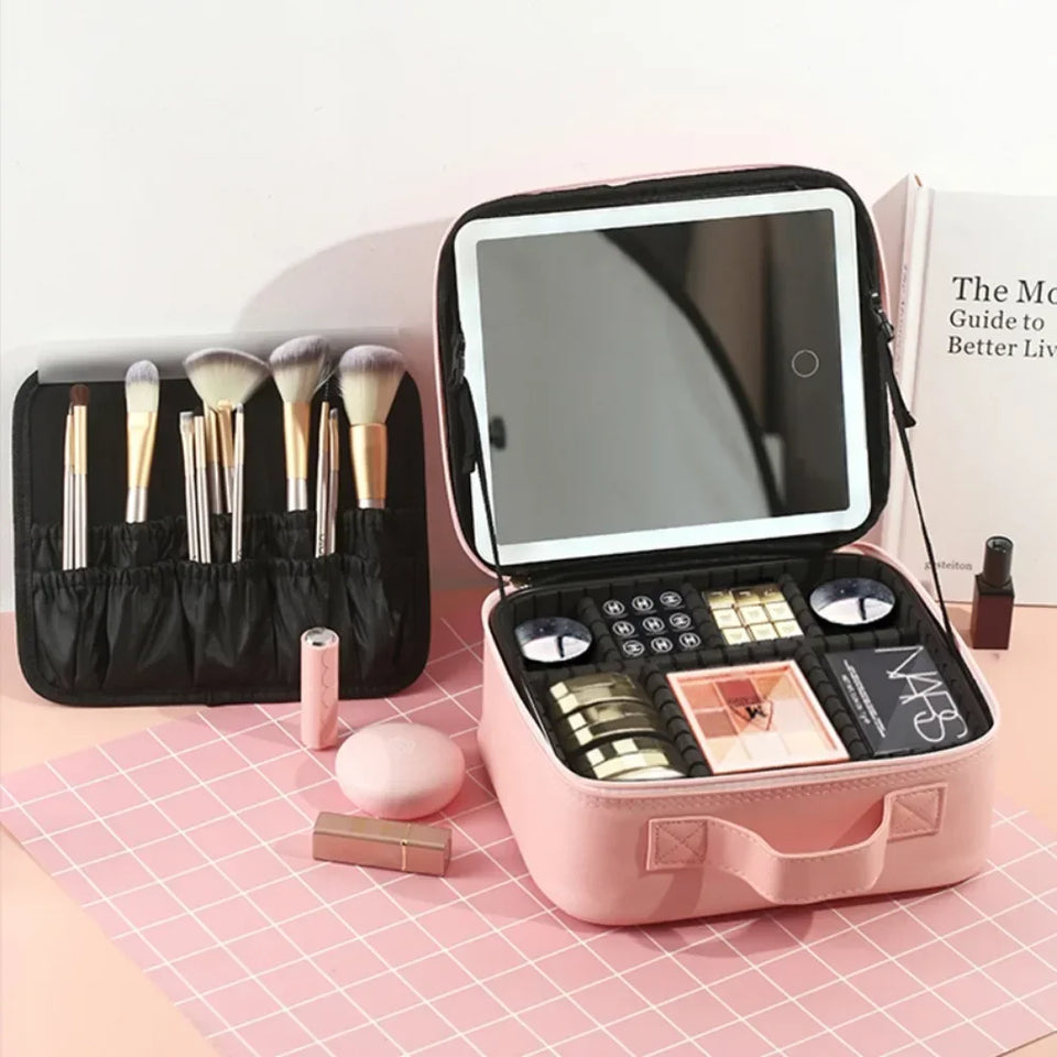 Makeup Organizer with Mirror Light 3 Adjustable Brightness Travel Train Case Cosmetic Bag Portable Storage Partition Waterproof - PrimeandBeauty