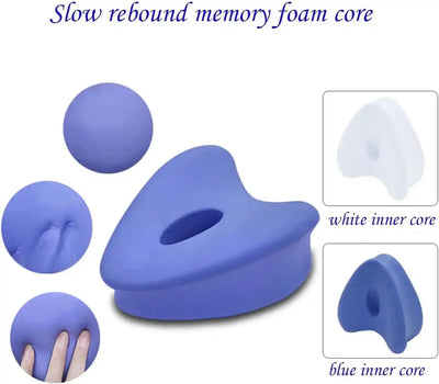Slow rebound memory foam core in blue and white options; designed for pressure relief and enhanced sleep comfort for side sleepers.