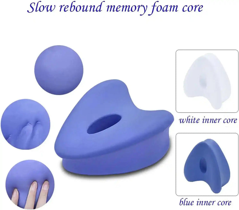 Slow rebound memory foam core in blue and white options; designed for pressure relief and enhanced sleep comfort for side sleepers.