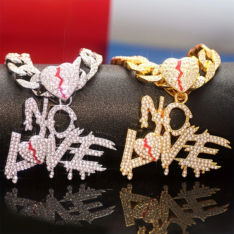 Hip Hop Iced Out Bling Crystal Cuban Chains NO LOVE Necklace Pendants For Men and Women Heart Broke Statement Necklaces Jewelry - PrimeandBeauty