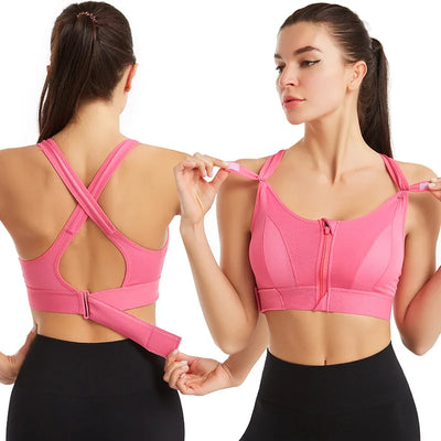 New Style Adjustable Front-Zip Sports Bra. It's a shockproof, wire-free vest-style yoga bra with a cross-back design, suitable f - PrimeandBeauty