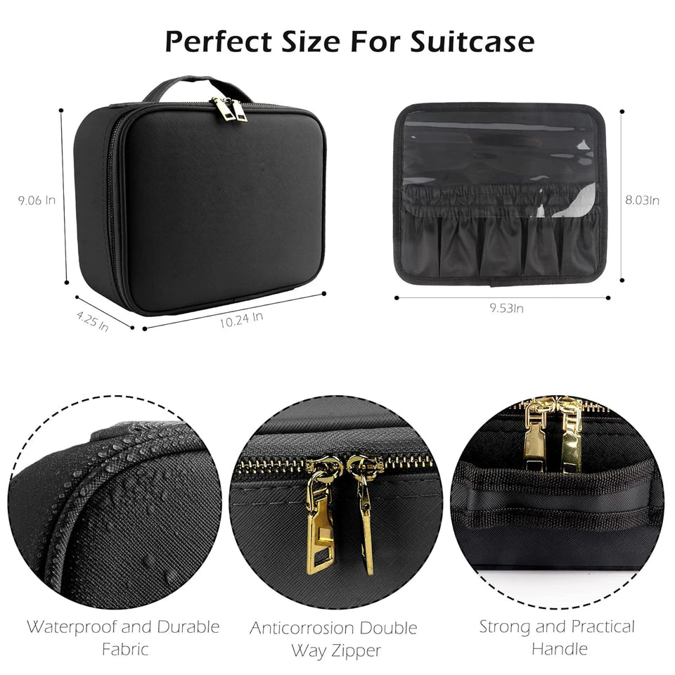 Makeup Organizer with Mirror Light 3 Adjustable Brightness Travel Train Case Cosmetic Bag Portable Storage Partition Waterproof - PrimeandBeauty