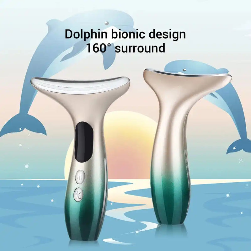 Green and gold EMS Facial Massager & Neck Lifter with dolphin bionic design for 160° surround skin tightening and rejuvenation.