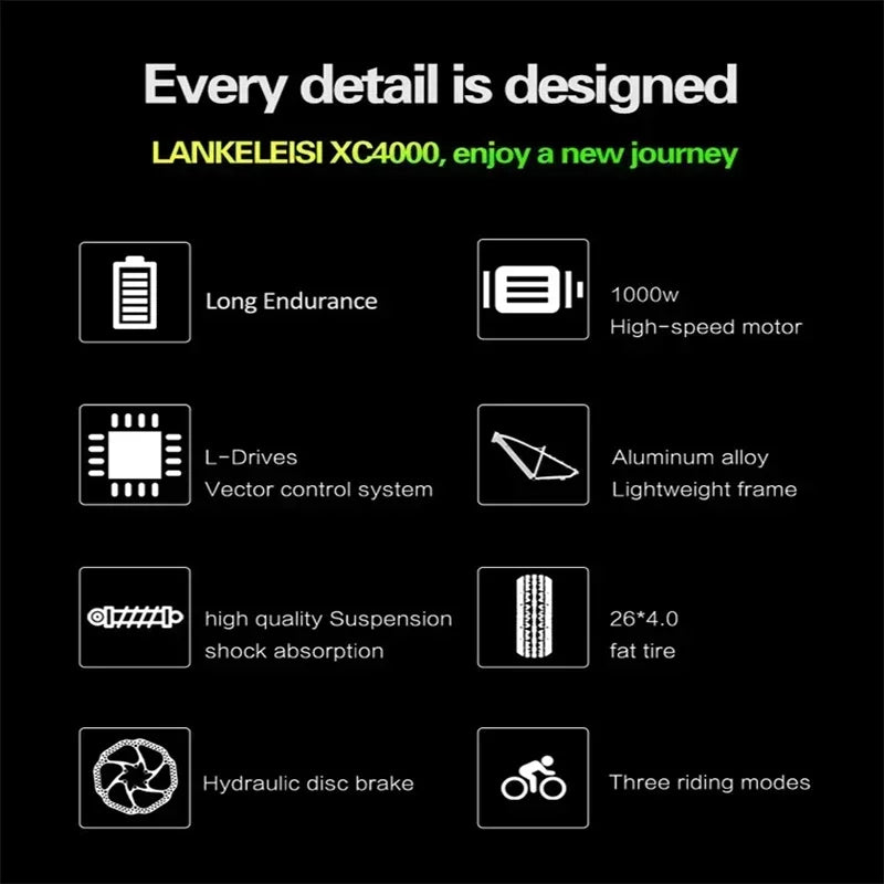 E-bike Vélo électrique à grosse opathie pour adulte, Moteur 1000W, batterie 17,5 AH, 7 vitesses, carton hydraulique, XC4000