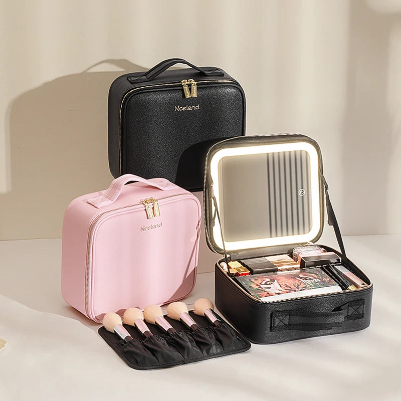 Makeup Travel Train Case with LED Lighted Mirror, 3 Color Adjust Settings, Travel Makeup Bag With Adjustable Dividers, - PrimeandBeauty