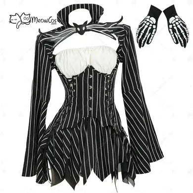 MEOWCOS Women's Jack Cosplay Costume Halloween Gothic  Long Sleeve Top with Skirt and Gloves - PrimeandBeauty