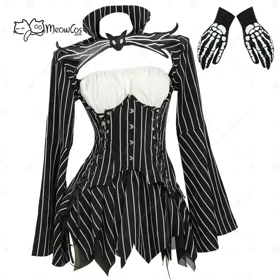 MEOWCOS Women's Jack Cosplay Costume Halloween Gothic  Long Sleeve Top with Skirt and Gloves - PrimeandBeauty