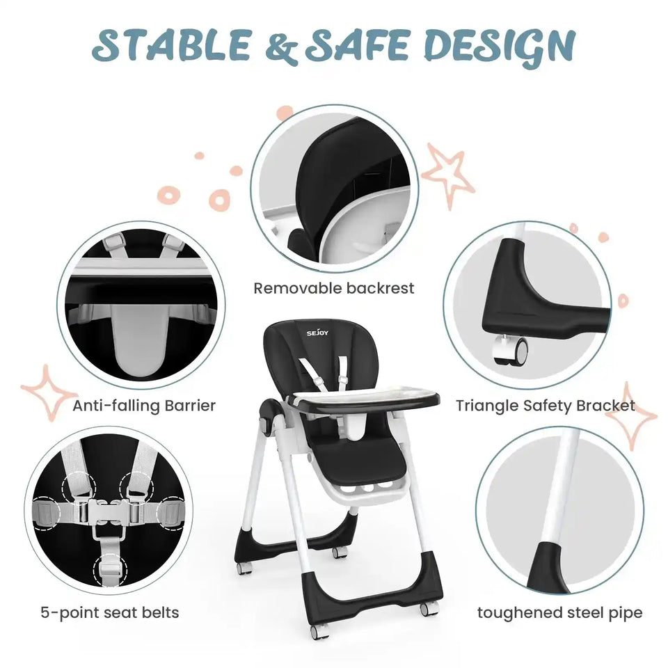 Sejoy Adjustable Baby High Chair with 5-Point Harness 3-Tier Tray & Wheels CE/CPC Certified Children's Dining Chair - PrimeandBeauty